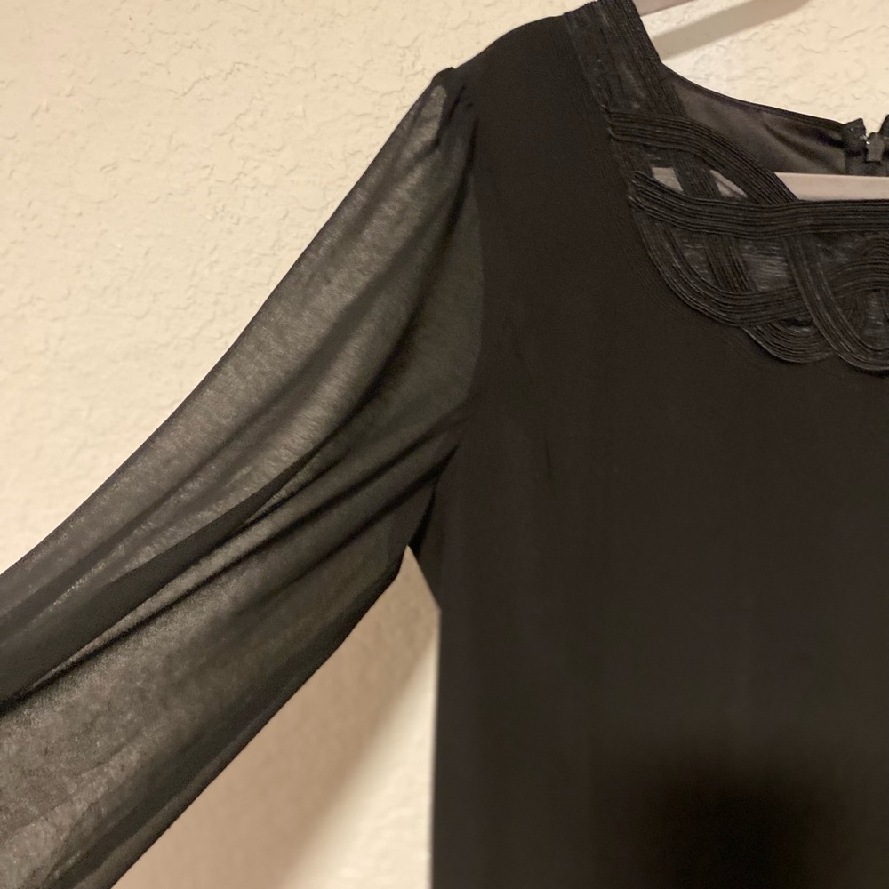 Little Black Dress, Sheer Sleeve Shift Dress with lace neck line, Cocktail Dress - Picture 8 of 13